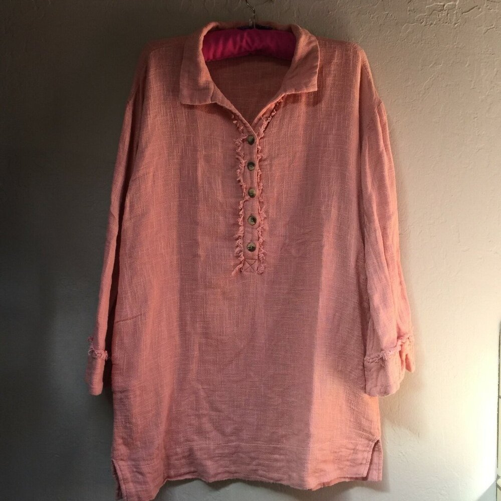 Free People Womens Medium Long Sleeve Raw Trim Henley Tunic Top Lagenlook Peach